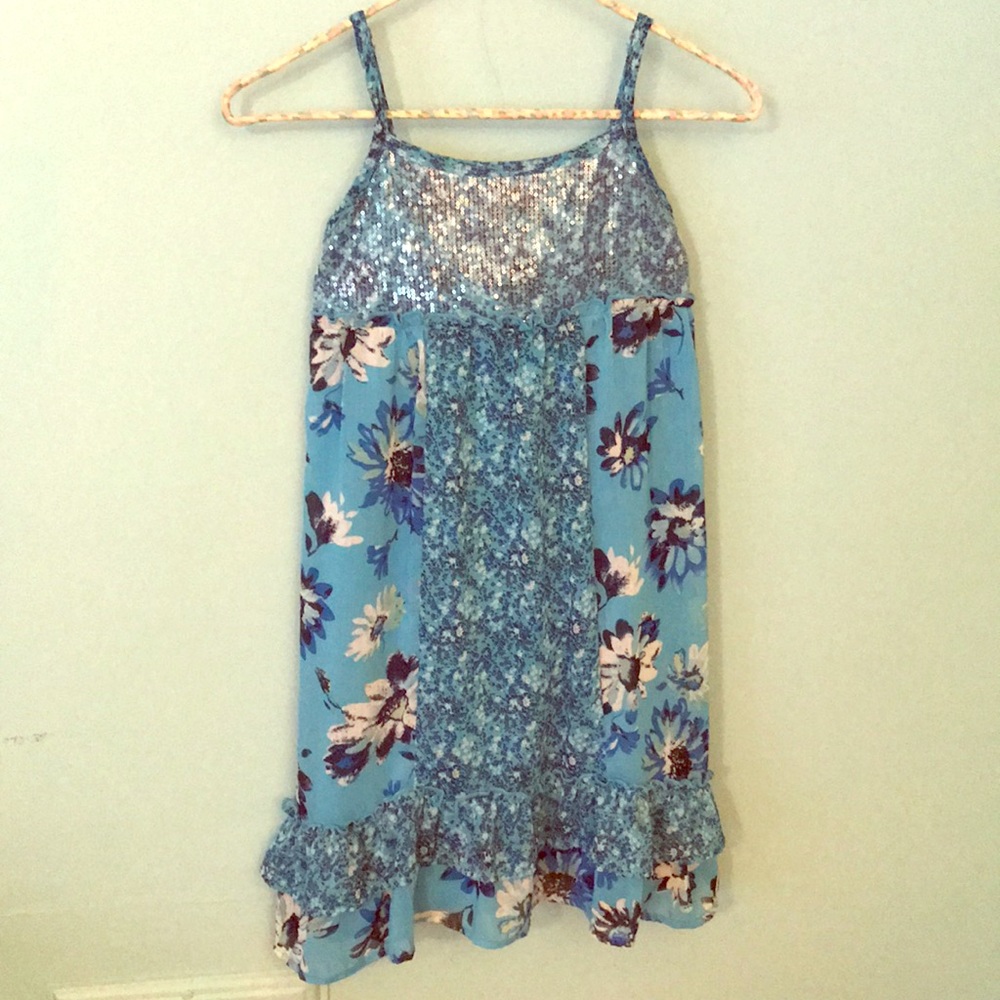Girls sequined blue floral dress sz 12 gently used